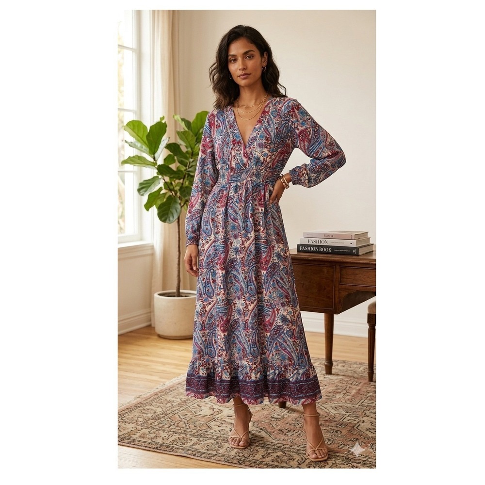 Masala Paisley‎ Maxi Dress Pink Blue V-Neck Long Sleeve Boho Floral XL